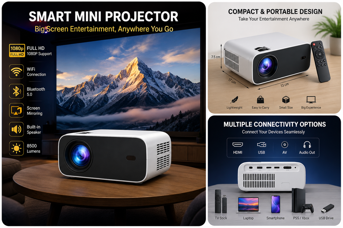 Smart Mini Projector | Full HD 1080P Support | WiFi & Bluetooth | Portable Home Theater
